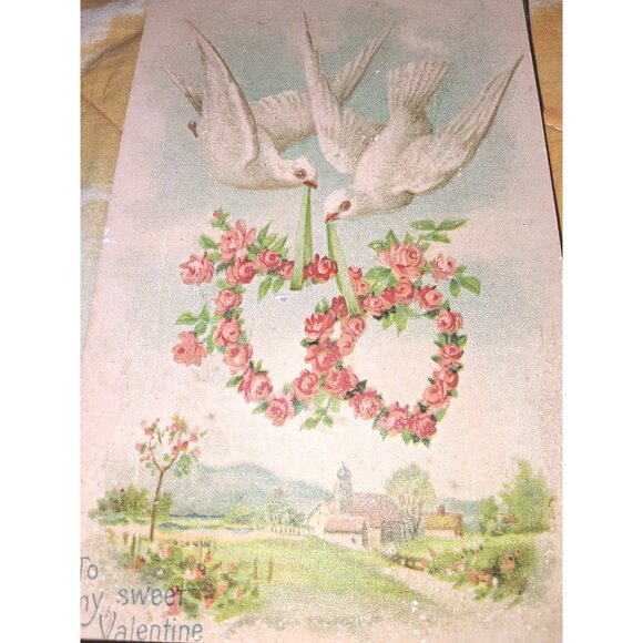 Vintage Valentine Card With Doves & Rose Wreath Design - Picture 9 of 10
